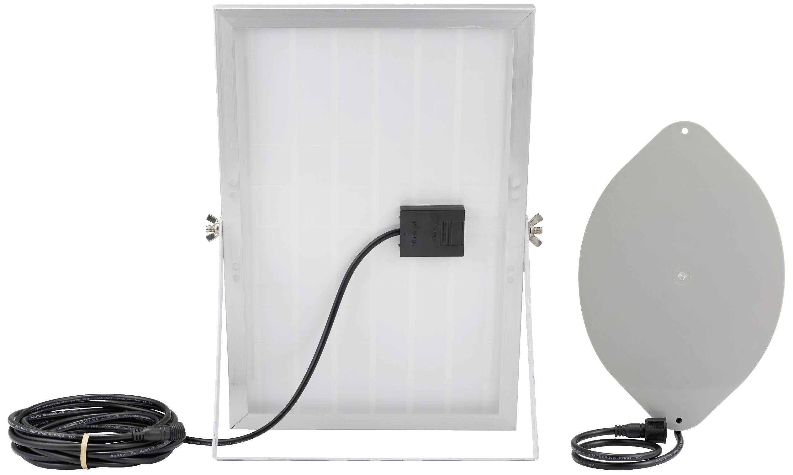 Sonnenkollektor mit Kabel und runder Anschlussplatte, Rückansicht.