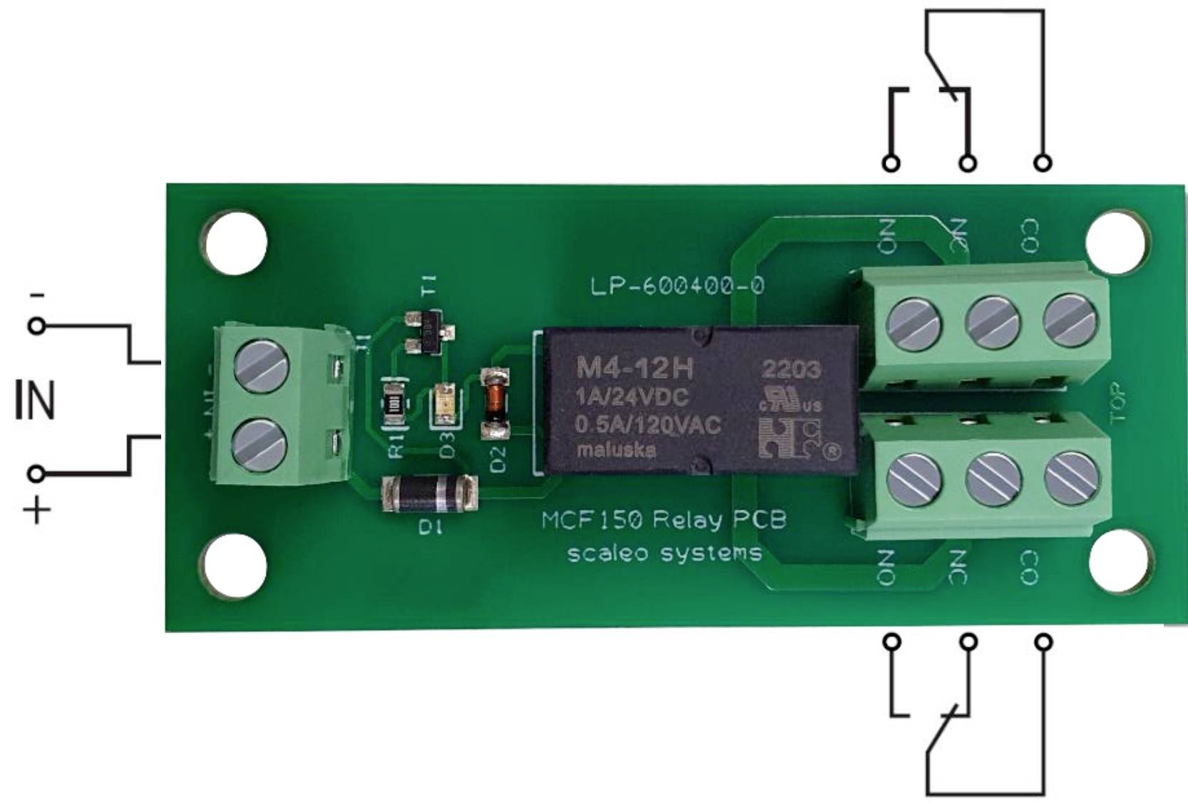 'MCF150 Relay PCB' grüne Platine mit Relay, zwei Verbindungsblöcken für Ein-/Ausgänge, und Schaltplandiagrammen auf weißem Hintergrund.