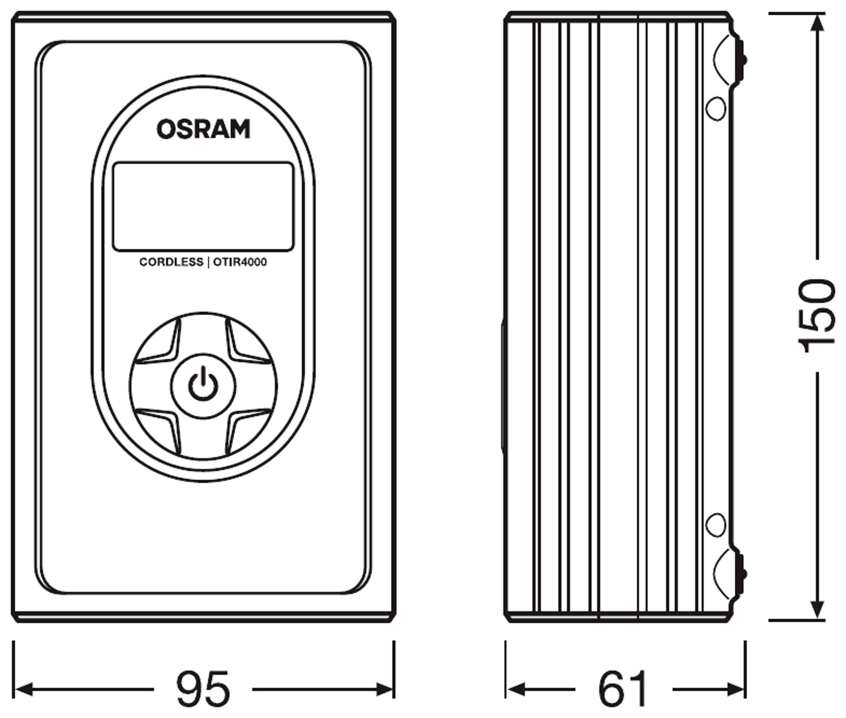 Zeichnung eines rechteckigen Geräts mit Anzeige und Tasten. Maße: 95x150x61 mm. Markiert mit 'OSRAM CORDLESS'. Ansicht von vorne und der Seite.