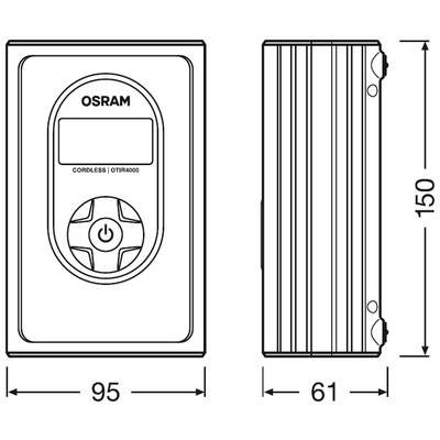 Zeichnung eines rechteckigen Geräts mit Anzeige und Tasten. Maße: 95x150x61 mm. Markiert mit 'OSRAM CORDLESS'. Ansicht von vorne und der Seite.