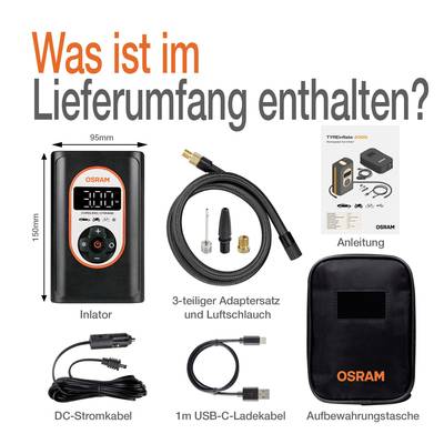'Was ist im Lieferumfang enthalten?' Abgebildet sind ein Inlator, Adapterset, Anleitung, DC-Stromkabel, USB-C-Kabel, Tasche.