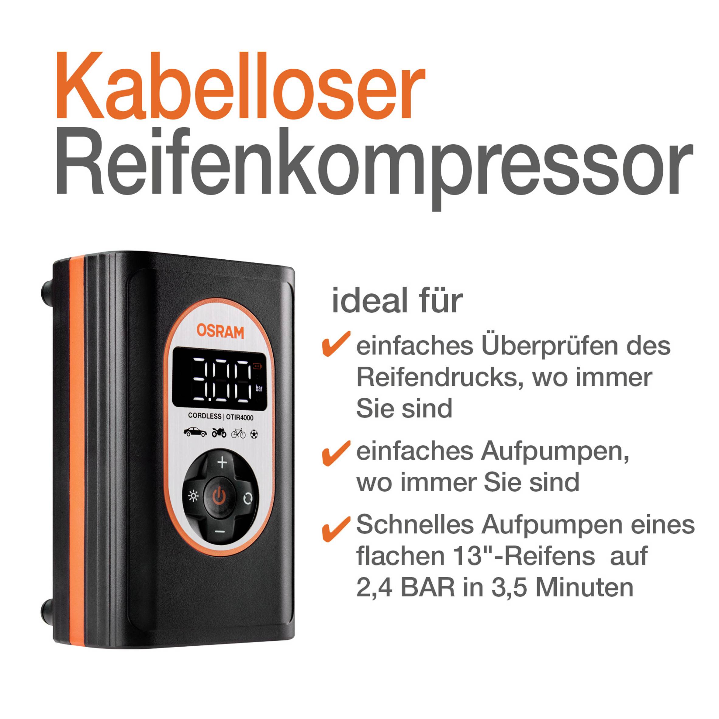 'Kabelloser Reifenkompressor', ideal zum einfachen Überprüfen des Reifendrucks und schnellen Aufpumpen eines Reifens auf 2,4 BAR in 3,5 Minuten.