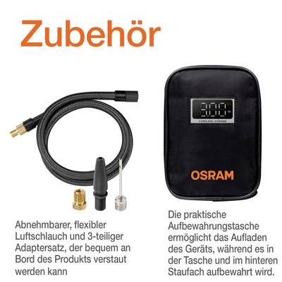 'Zubehör': Bild zeigt einen abnehmbaren Luftschlauch und Adapterset neben einer Tasche mit OSRAM-Logo. Text beschreibt Nutzungsmöglichkeiten.