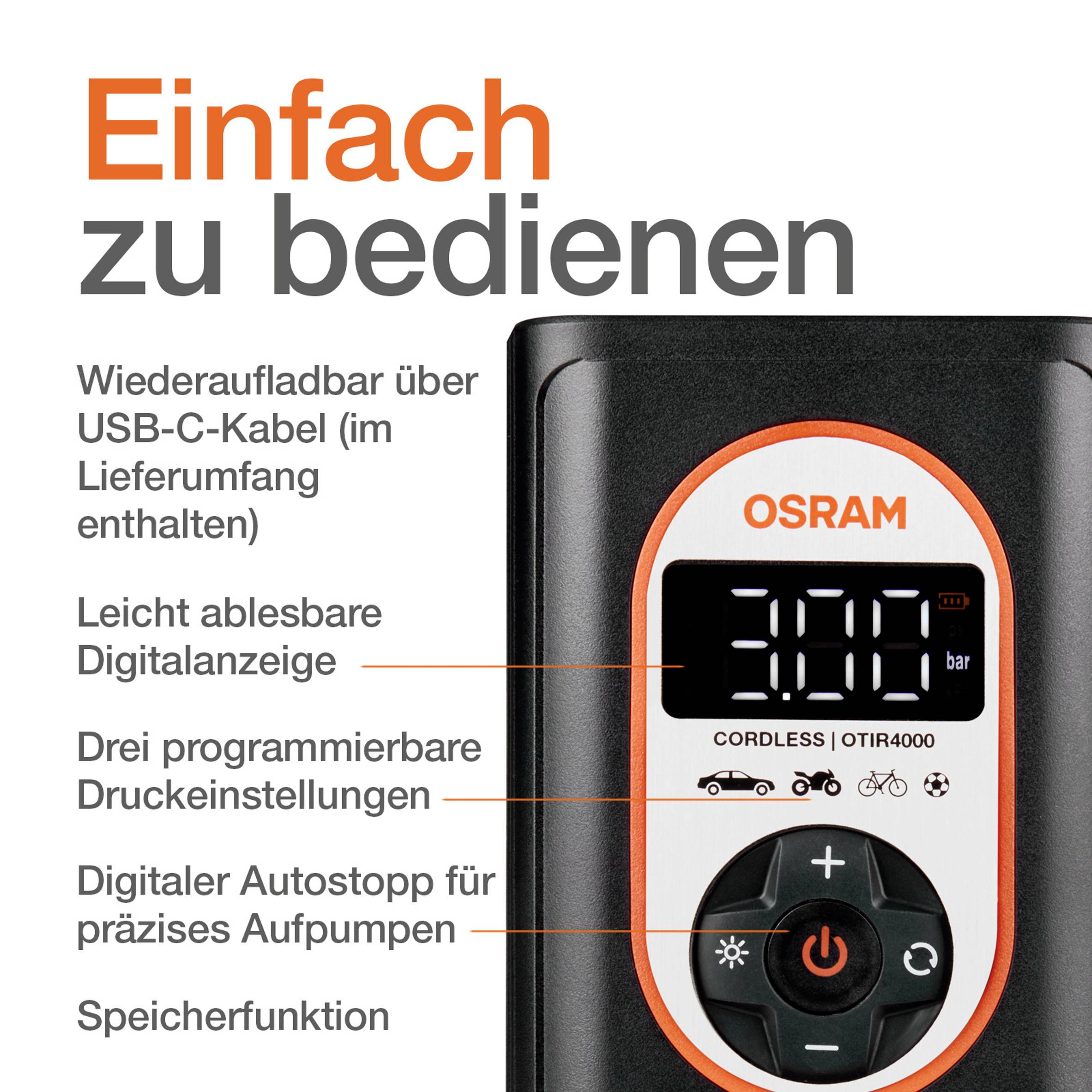 Ein digitaler Luftkompressor von OSRAM, wiederaufladbar über USB, mit drei Programmeinstellungen und digitalem Display für Reifendruck.