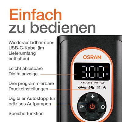 Ein digitaler Luftkompressor von OSRAM, wiederaufladbar über USB, mit drei Programmeinstellungen und digitalem Display für Reifendruck.