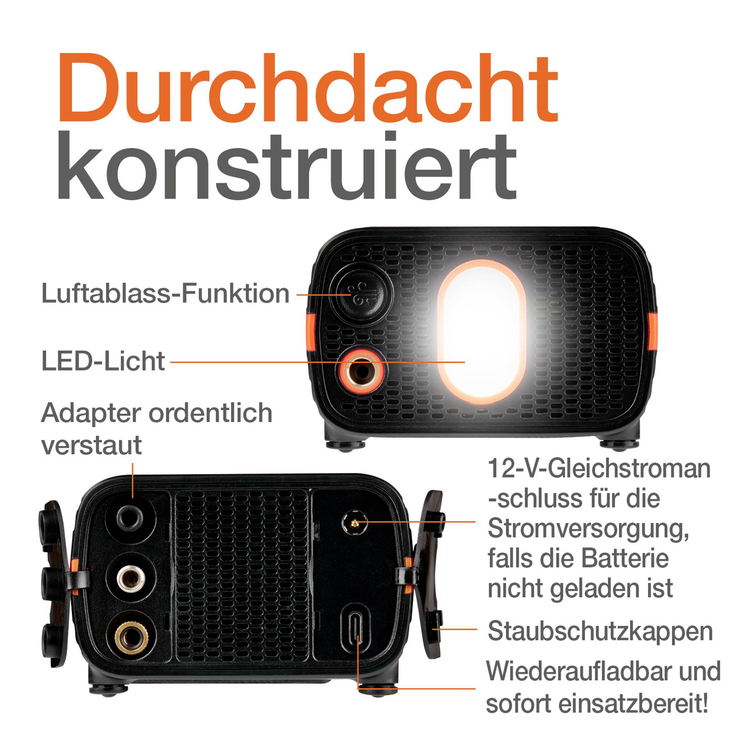 'Gut durchdacht konstruiertes Gerät mit Staubschutz, Luftab­lass­funktion, LED-Licht und 12-V-Anschluss. Portabel und wiederaufladbar.'