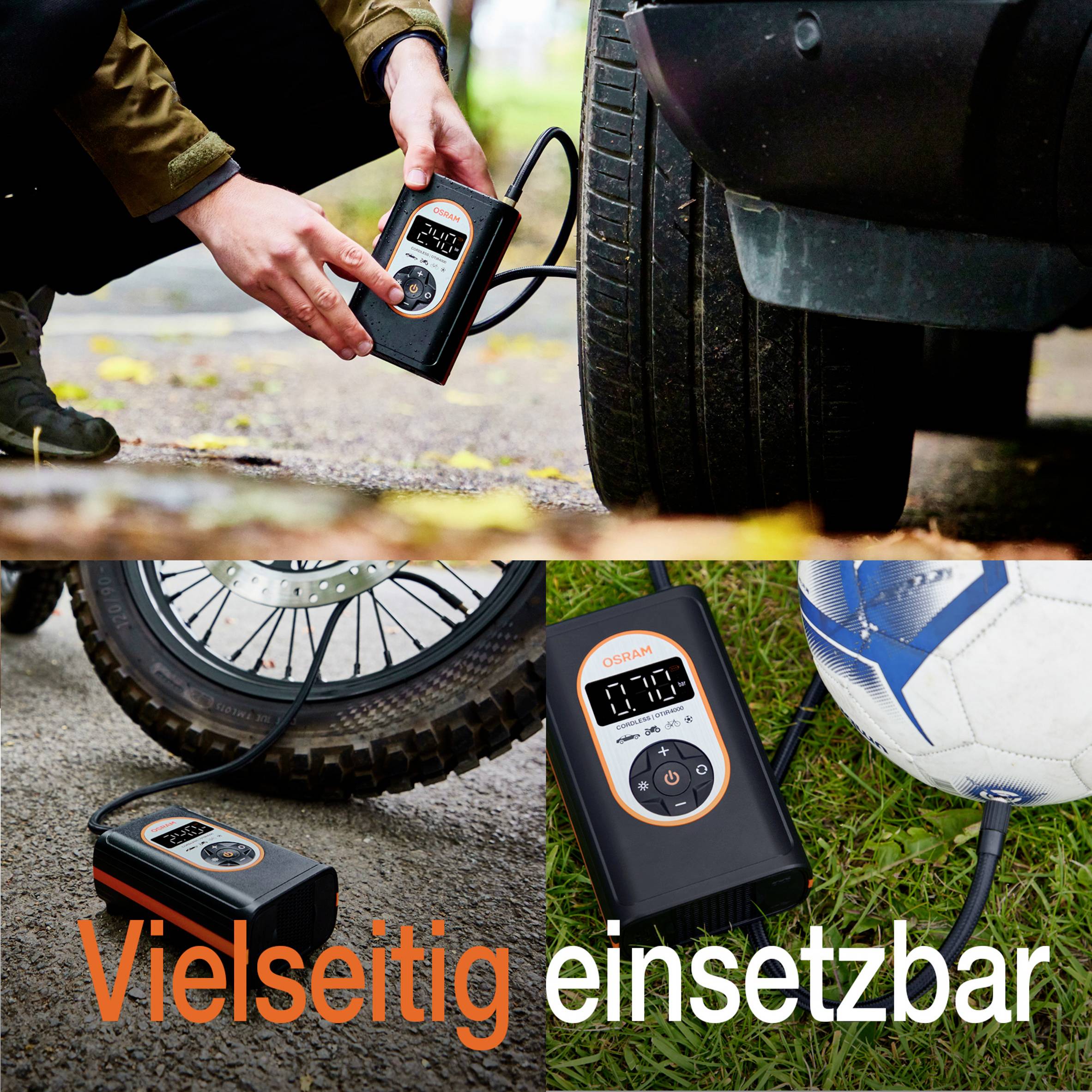 'Vielseitig einsetzbarer' Luftkompressor pumpt Autoreifen und Fußball auf. Gezeigt: Gerät in Aktion mit Reifendruckanzeige.