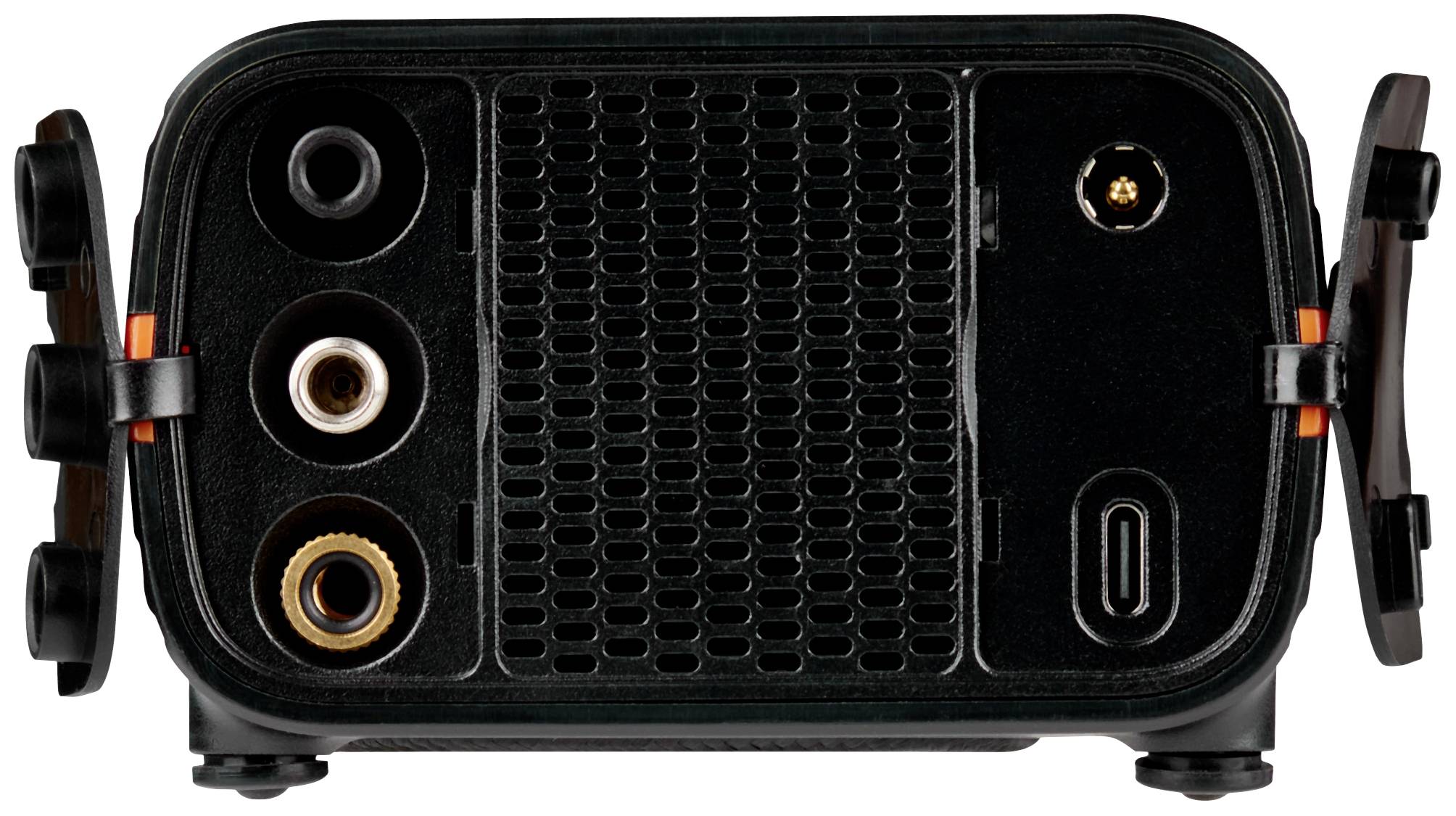 Die Abbildung zeigt die Rückseite eines Gerätes mit verschiedenen Anschlüssen: zwei Audioanschlüsse, ein USB-C-Anschluss und ein Kabelanschluss.