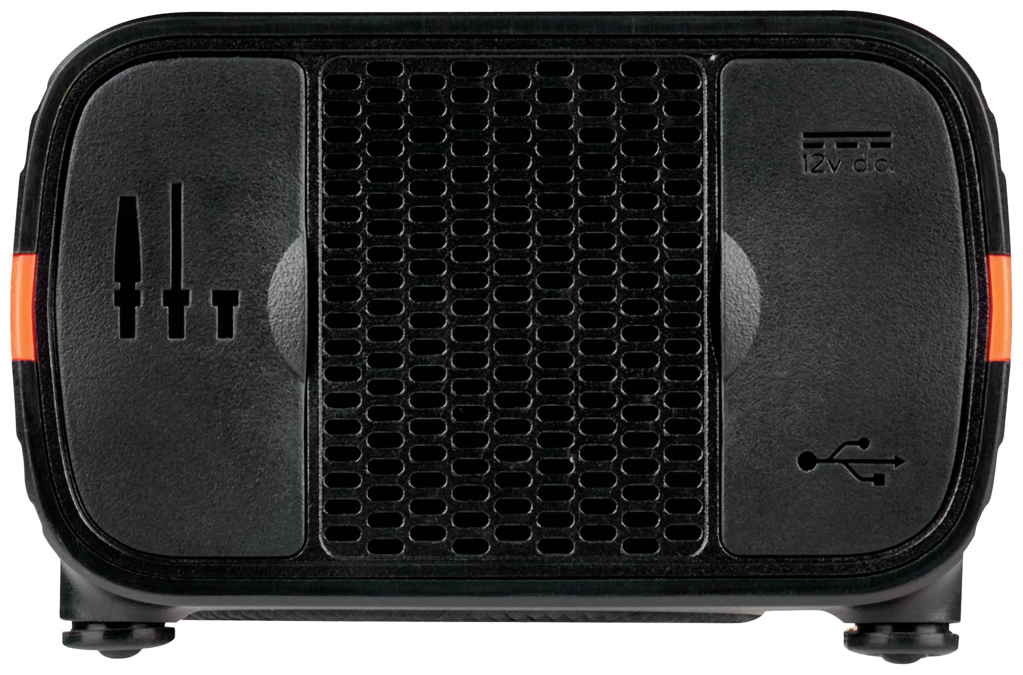 Schwarzes, rechteckiges Gerät mit Lüftungsgitter, USB-Anschluss und Symbolen für Werkzeuge auf der linken Seite.