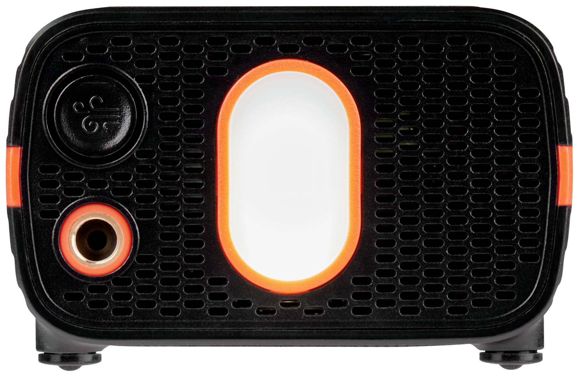 Schwarze, rechteckige Lautsprecherrückseite mit beleuchtetem, rotem Umriss. Zwei Anschlüsse: großer runder oben, kleiner runder unten links.