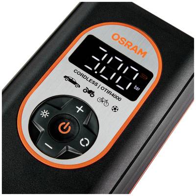 Digitaler Luftdruckmesser von Osram mit Anzeige von 'CORDLESS OTIR4000' und Druck in Bar, Symbole für Auto, Motorrad, Fahrrad.