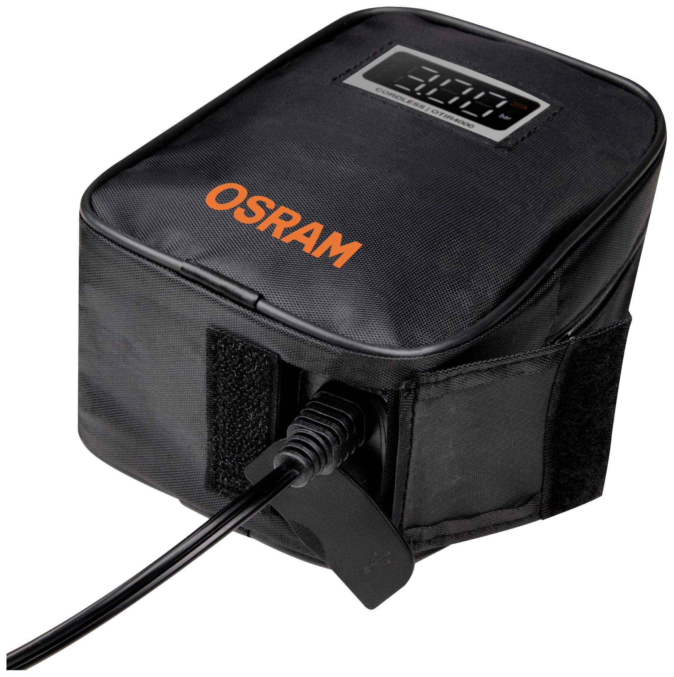 Schwarzes Ladegerät von OSRAM mit digitalem Display auf der Oberseite, verbunden mit einem Kabel.