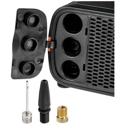 Nahaufnahme eines schwarzen Luftkompressors mit abgenommenem Ventildeckel, drei Ventiladapter und Lüftungsschlitze sichtbar.