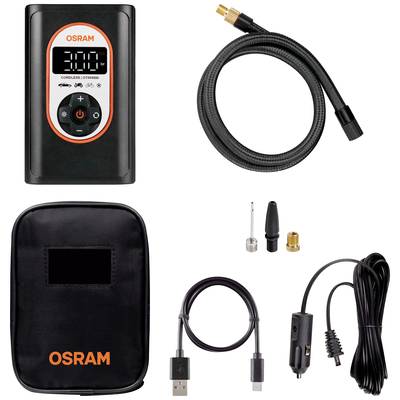 'Osram' tragbarer Reifenfüller mit digitalem Display, flexiblem Schlauch, verschiedenen Düsen, Tasche, USB- und Kfz-Adapterkabel.