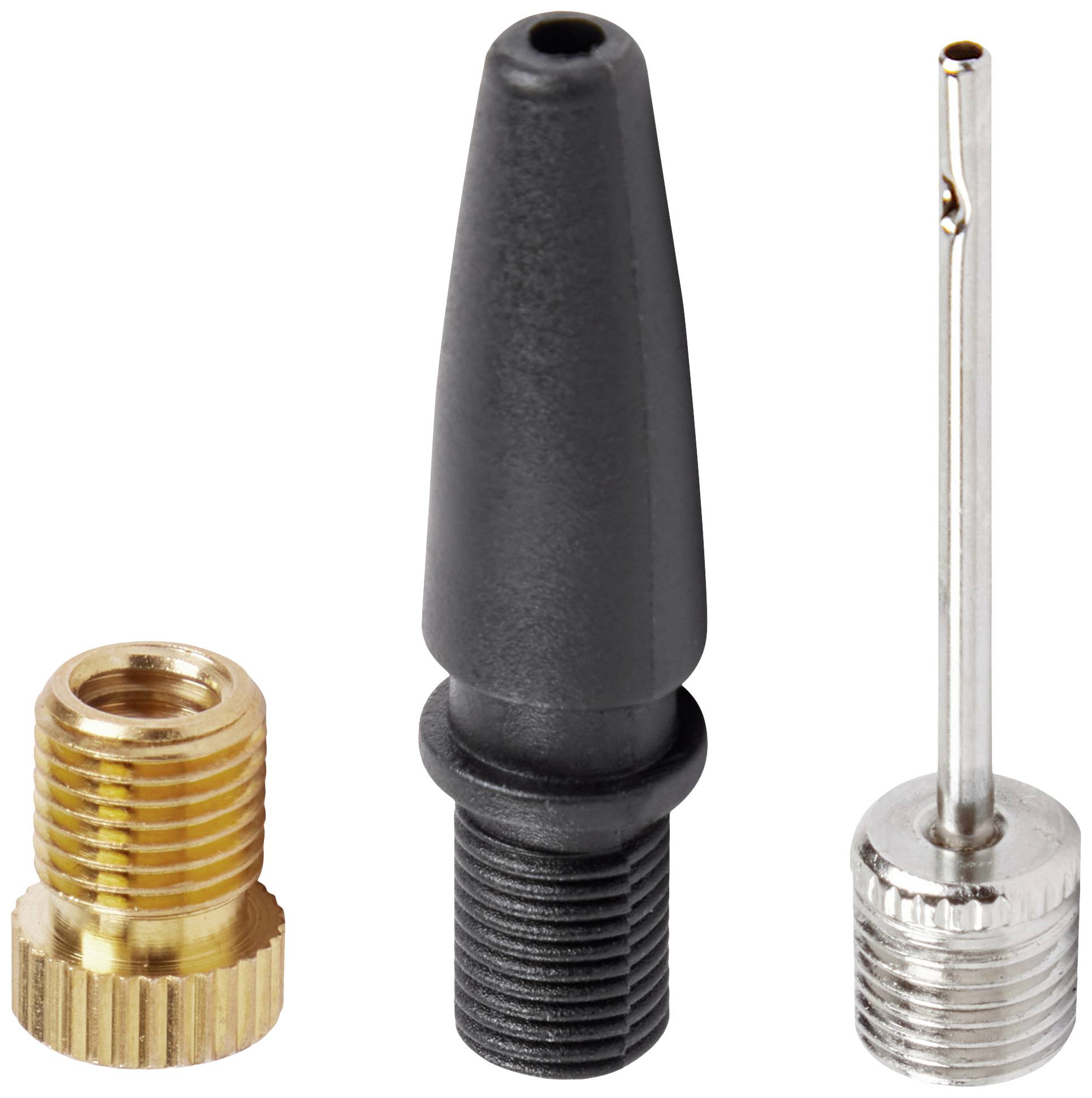 Drei Pumpenadapter: Links ein goldener Ventiladapter, in der Mitte ein schwarzer Kegeladapter, rechts ein silberner Nadeladapter.