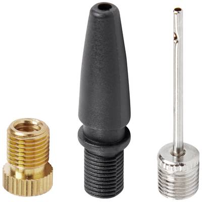 Drei Pumpenadapter: Links ein goldener Ventiladapter, in der Mitte ein schwarzer Kegeladapter, rechts ein silberner Nadeladapter.