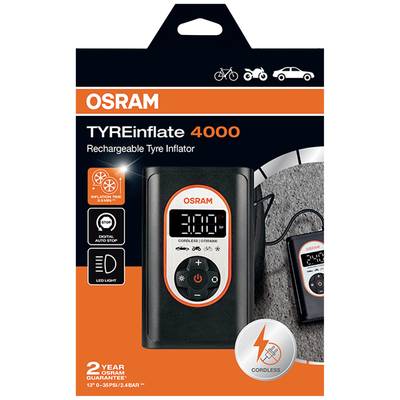 Reifenpumpe 'TYREinflate 4000' von Osram, digitaler Bildschirm zeigt Druck an, Symbol für kabellose Nutzung, LED-Lichtfunktion.