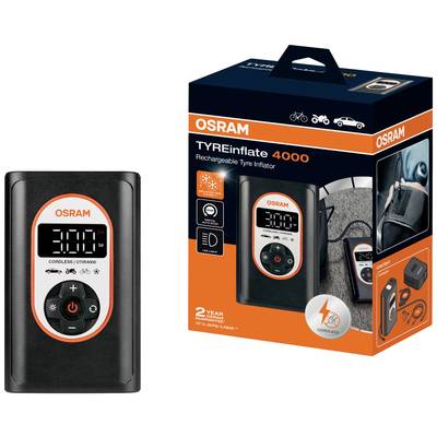 Tragbarer Reifendruckprüfer 'OSRAM TYREinflate 4000' neben Verpackungsbox. Geeignet für Autos, Motorräder und Fahrräder. Mit LED-Anzeige.