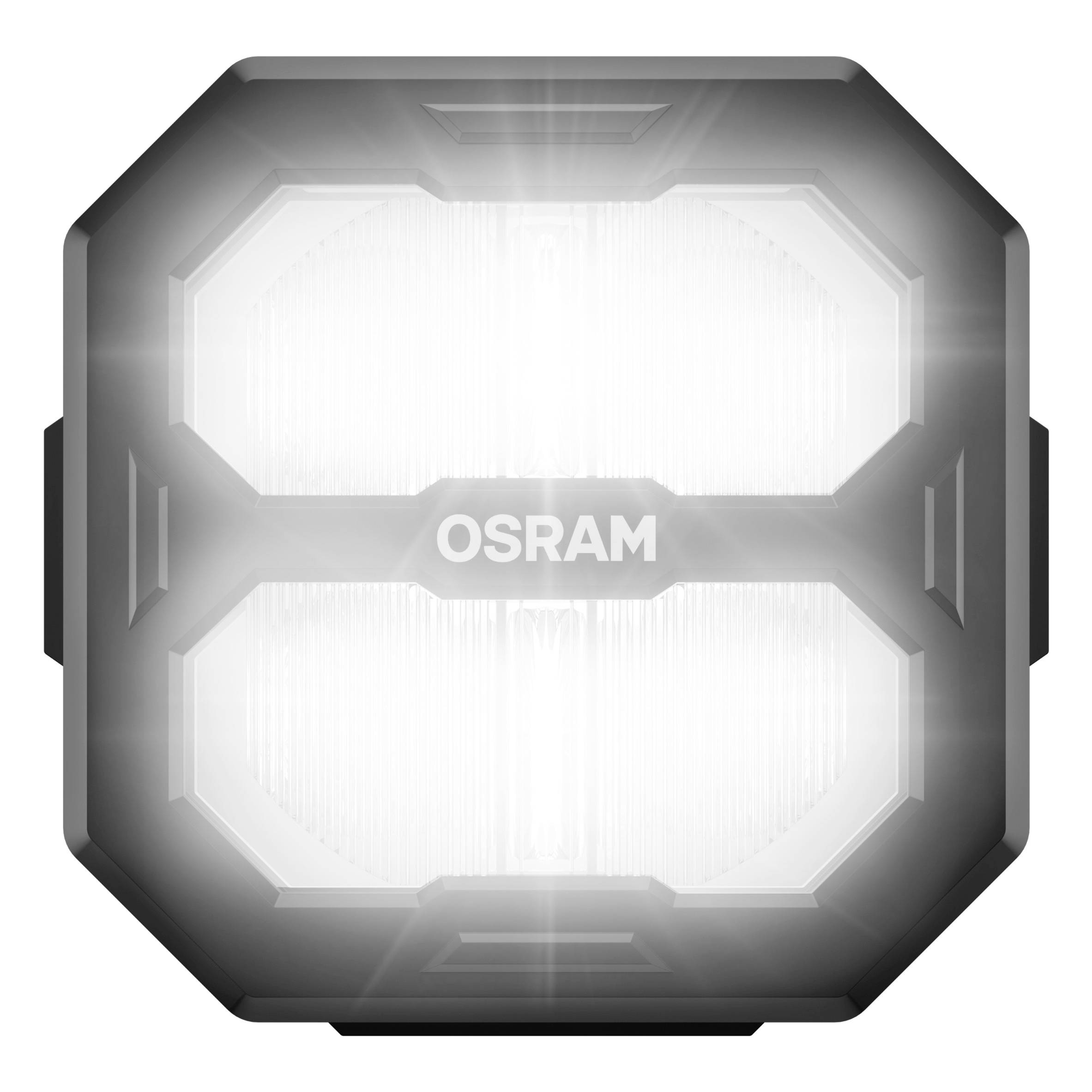 Ein quadratisches LED-Licht-Modul leuchtet hell auf. In der Mitte steht 'OSRAM'. Es hat vier leuchtende Segmente und eine robuste Hülle.