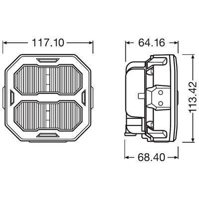 Technische Zeichnung eines rechteckigen Objekts mit den Maßen: Breite 117,10 mm, Tiefe 64,16 mm und Höhe 113,42 mm.
