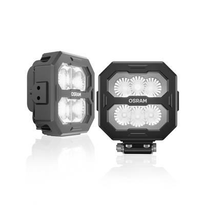 'Zwei viereckige LED-Arbeitsleuchten von OSRAM. Eine zeigt die Vorderseite mit vier Linsen, die andere die Seite mit Befestigung.'