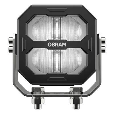 Ein quadratischer Scheinwerfer mit der Aufschrift 'OSRAM' in der Mitte, montiert auf einem Metallhalter mit Schraubenbefestigung.