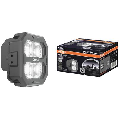 LED-Arbeitsleuchte von OSRAM mit robustem Gehäuse, geeignet für Fahrzeuge; rechts die Verpackung mit Produktdetails und Anwendungsbeispielen.