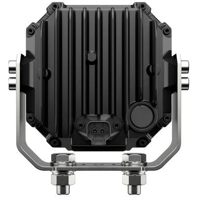 Ein schwarzes, robustes elektronisches Gerät mit metallischen Befestigungen und Anschlüssen; möglicherweise ein Funkgerät.