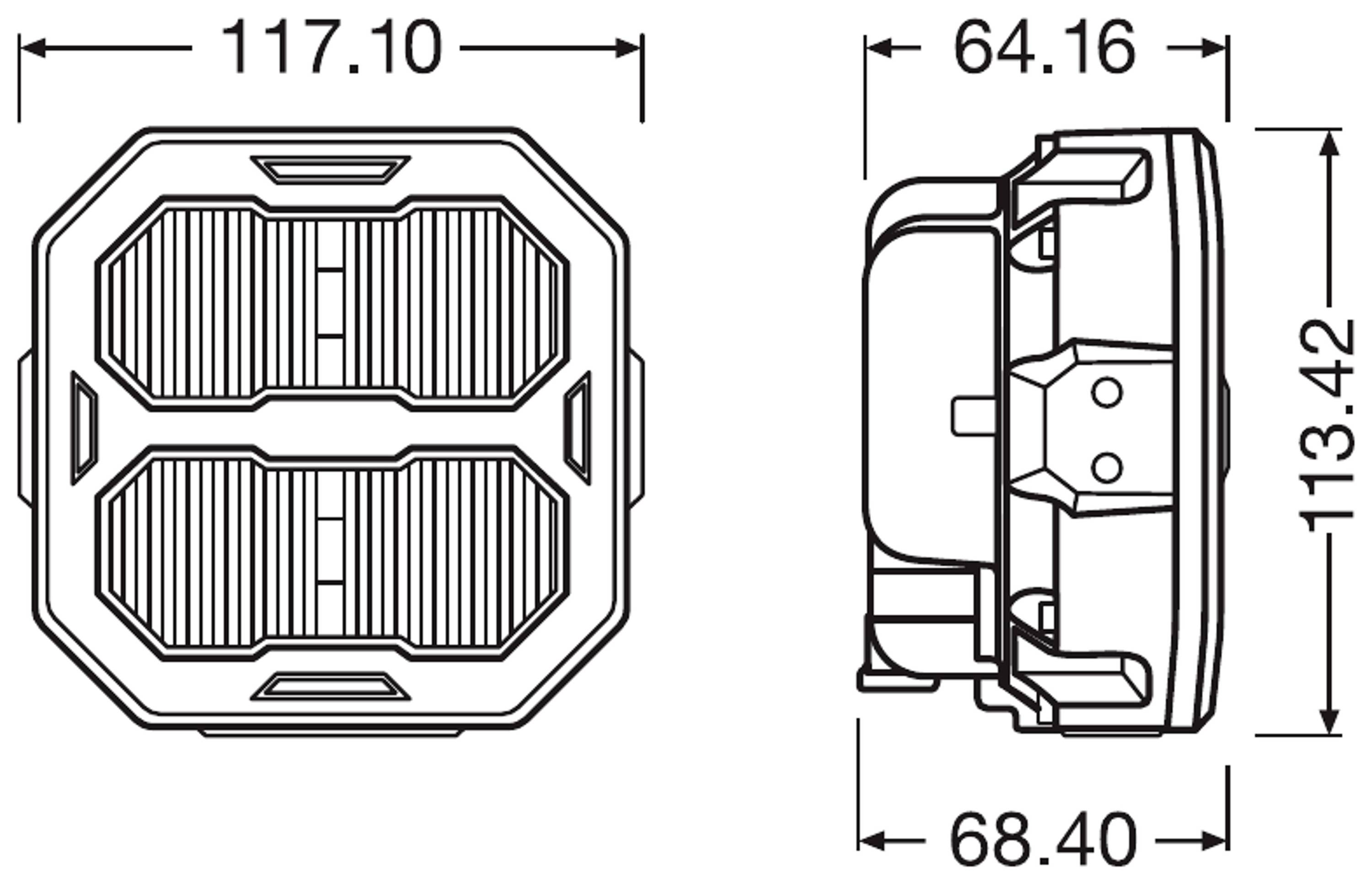 Zeichnung einer quadratischen Komponente mit Maßen: Breite 117,10 mm, Höhe 113,42 mm, Tiefe 64,16 mm und Seitenansicht 68,40 mm.
