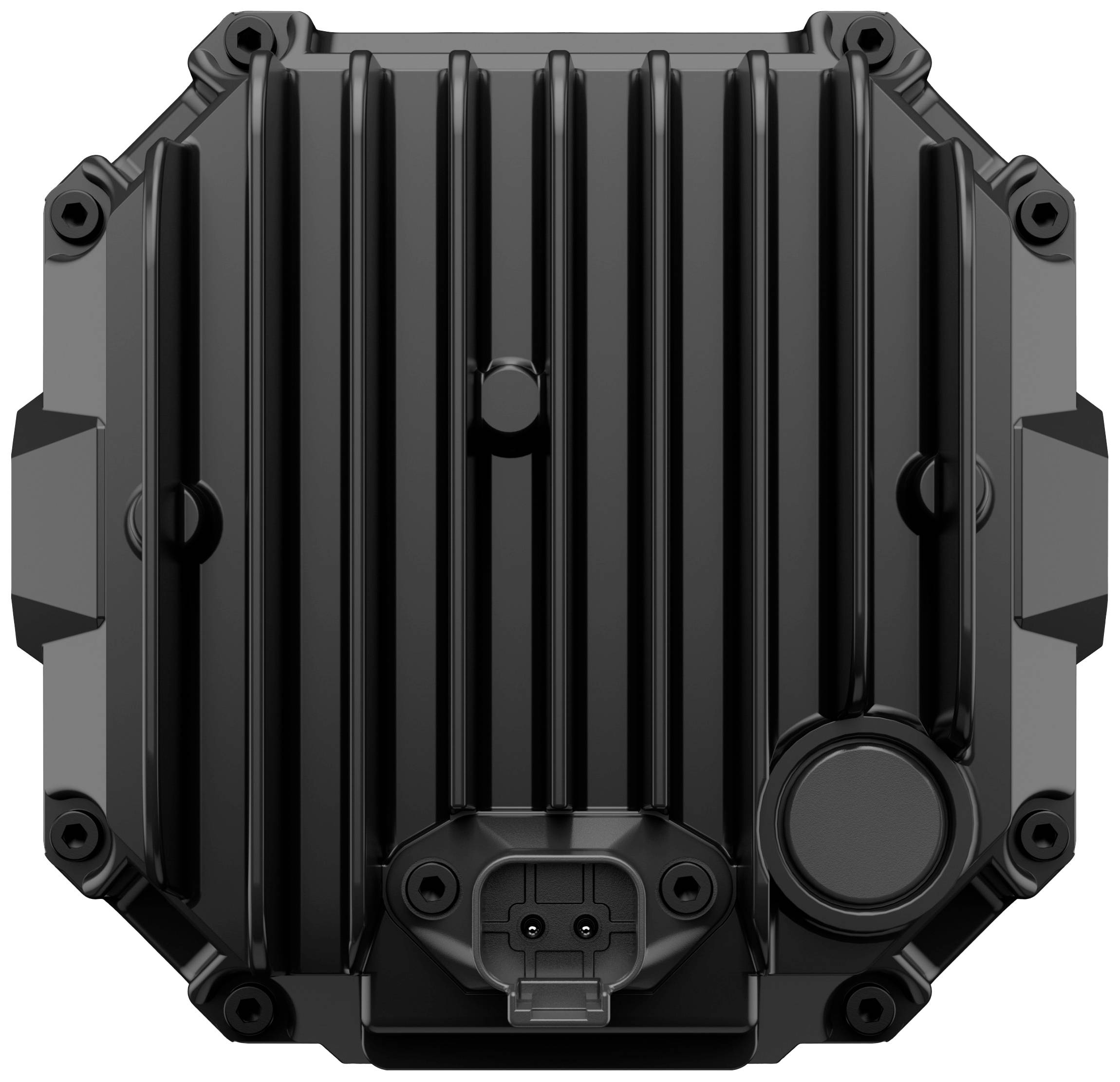 Ein schwarzes, rechteckiges Gerät mit geripptem Design, vermutlich Teil einer technischen Ausrüstung oder Maschine.