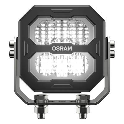 Quadratische LED-Arbeitsleuchte von OSRAM mit klarem Kunststoffgehäuse und Montageschrauben unten sichtbar.