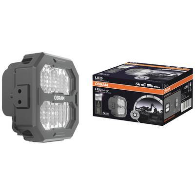 LED-Arbeitsleuchte von OSRAM mit starkem Licht, geeignet für Bau und Outdoor. Verpackung zeigt Anwendungsbeispiele und Produktspezifikationen.