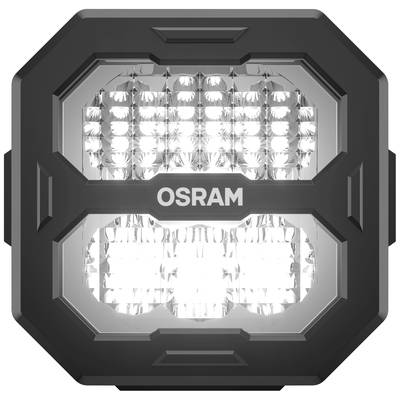 Quadratische LED-Leuchte mit 'OSRAM'-Logo in der Mitte, leuchtet hell. Schwarzer Rahmen, geeignet für Fahrzeugbeleuchtung.