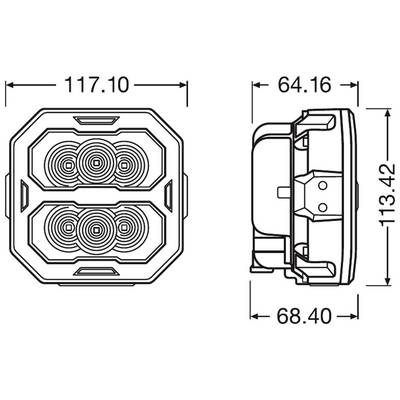 Technische Zeichnung eines rechteckigen LED-Lampengehäuses mit Maßen: Breite 117,10 mm, Tiefe 68,40 mm, Höhe 113,42 mm.