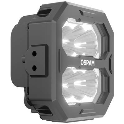 Schwarzer rechteckiger LED-Scheinwerfer mit vier leuchtenden Lichtern, Marke 'OSRAM'. Geeignet für robuste Außenanwendungen.