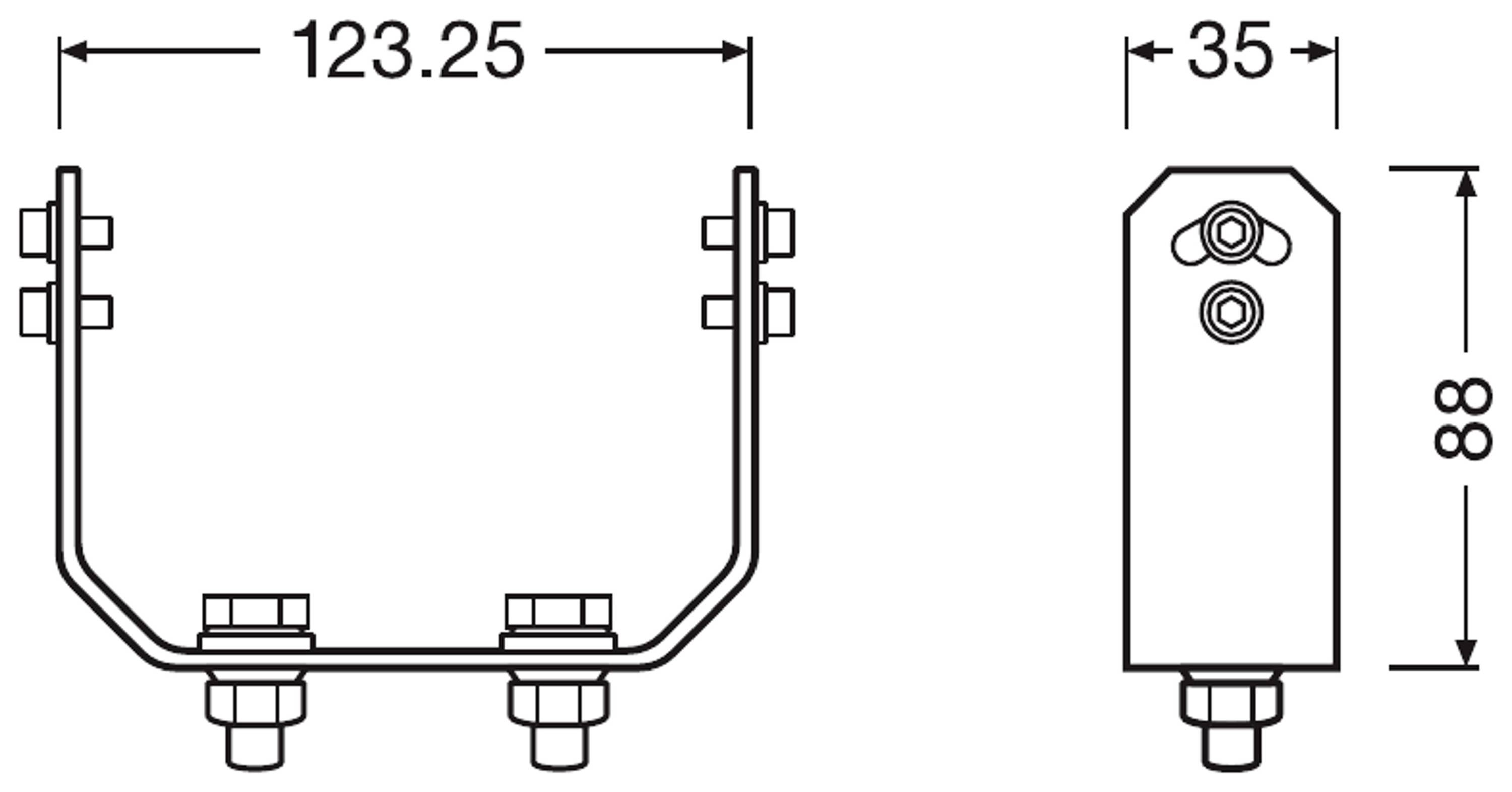 'Technische Zeichnung eines Metallbügels mit Maßen: Breite 123,25 mm, Höhe 88 mm und Tiefe 35 mm. Zwei Ansichten mit Schrauben.'