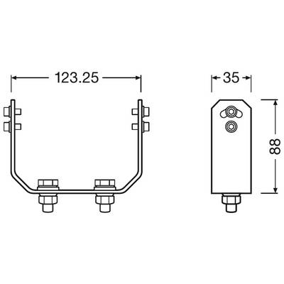 Technische Zeichnung einer Metallklammer mit Abmessungen: 123,25 mm breit, 35 mm tief, 88 mm hoch, mit Bolzenverbindungen.