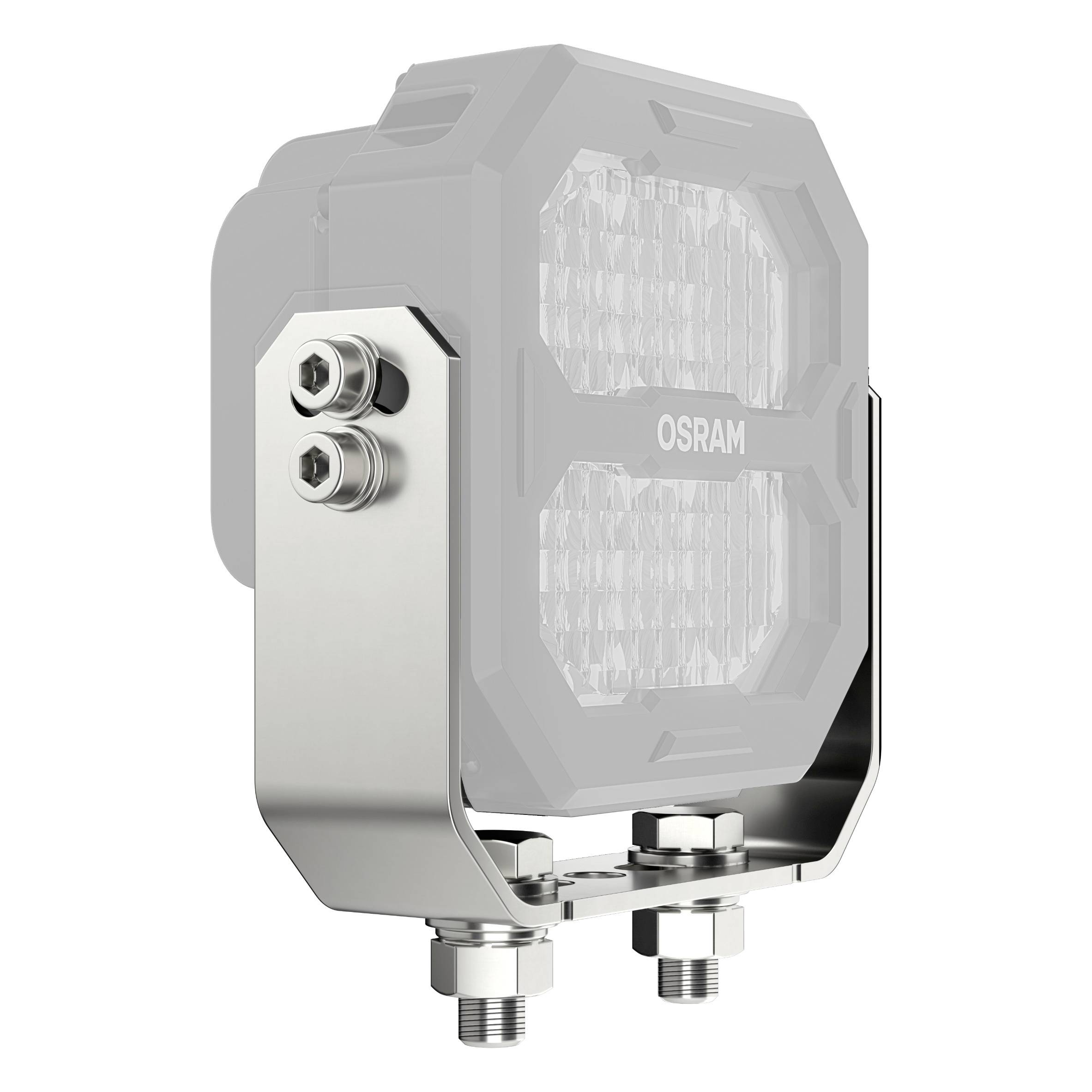 Ein quadratische LED-Scheinwerfer von Osram, montiert auf einer Metallhalterung.