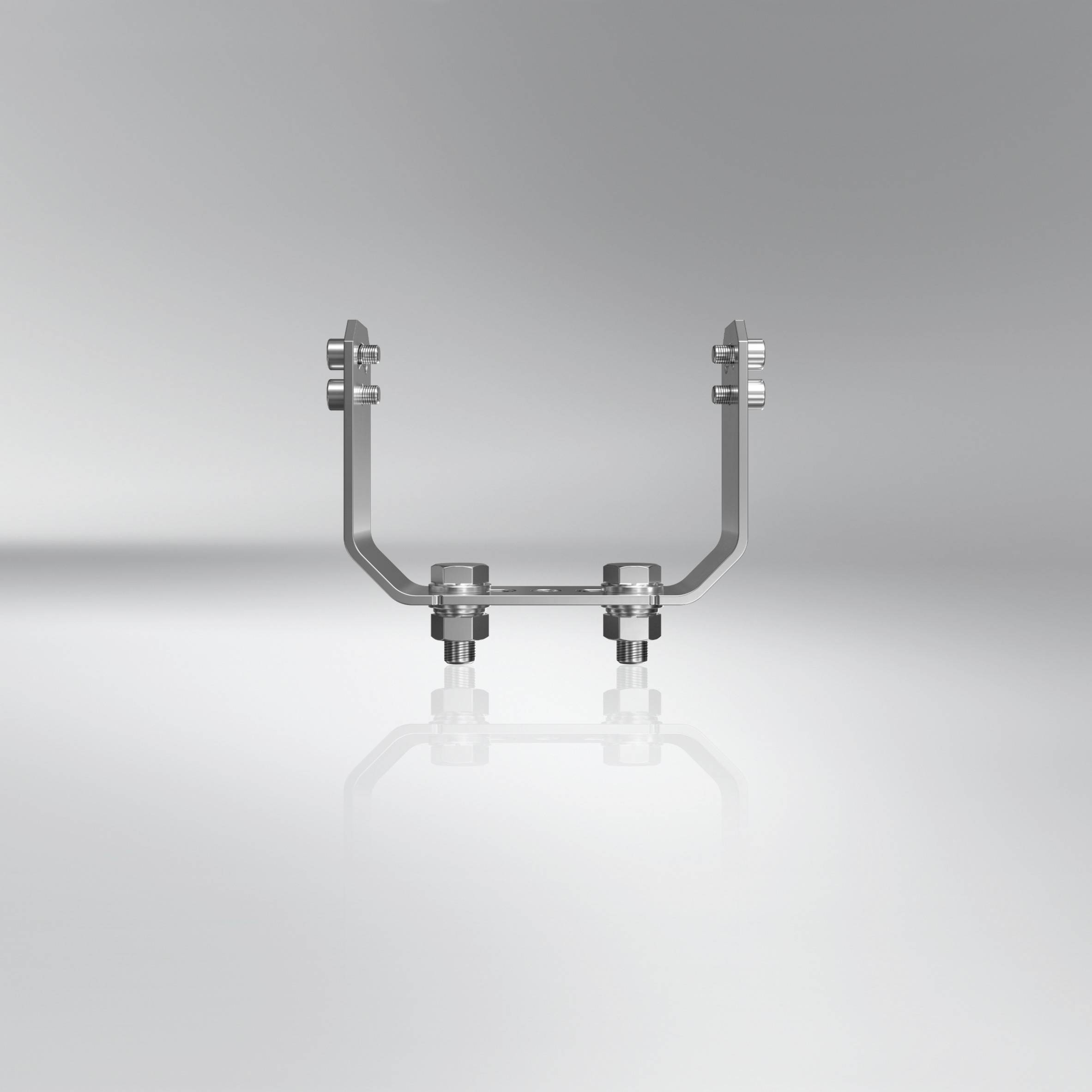 Metallische Halterung auf grauem Hintergrund, zeigt eine symmetrische Struktur mit zwei horizontalen und vertikalen Schrauben.