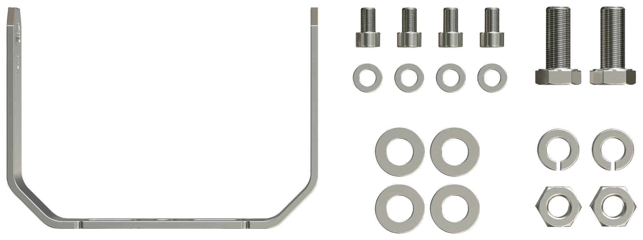 Verschiedene Schrauben, Muttern und Unterlegscheiben aus Metall liegen neben einem gebogenen Metallteil, das wie eine Halterung aussieht.