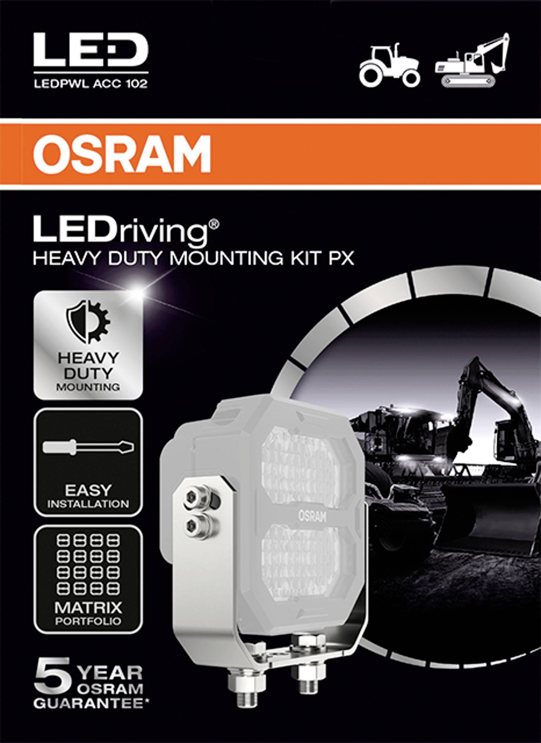 'OSRAM LEDriving Heavy Duty' Montagekit PX. Bild eines Leuchtmittels mit Montagehinweisen und Abbildungen von Baufahrzeugen. 5 Jahre Garantie.