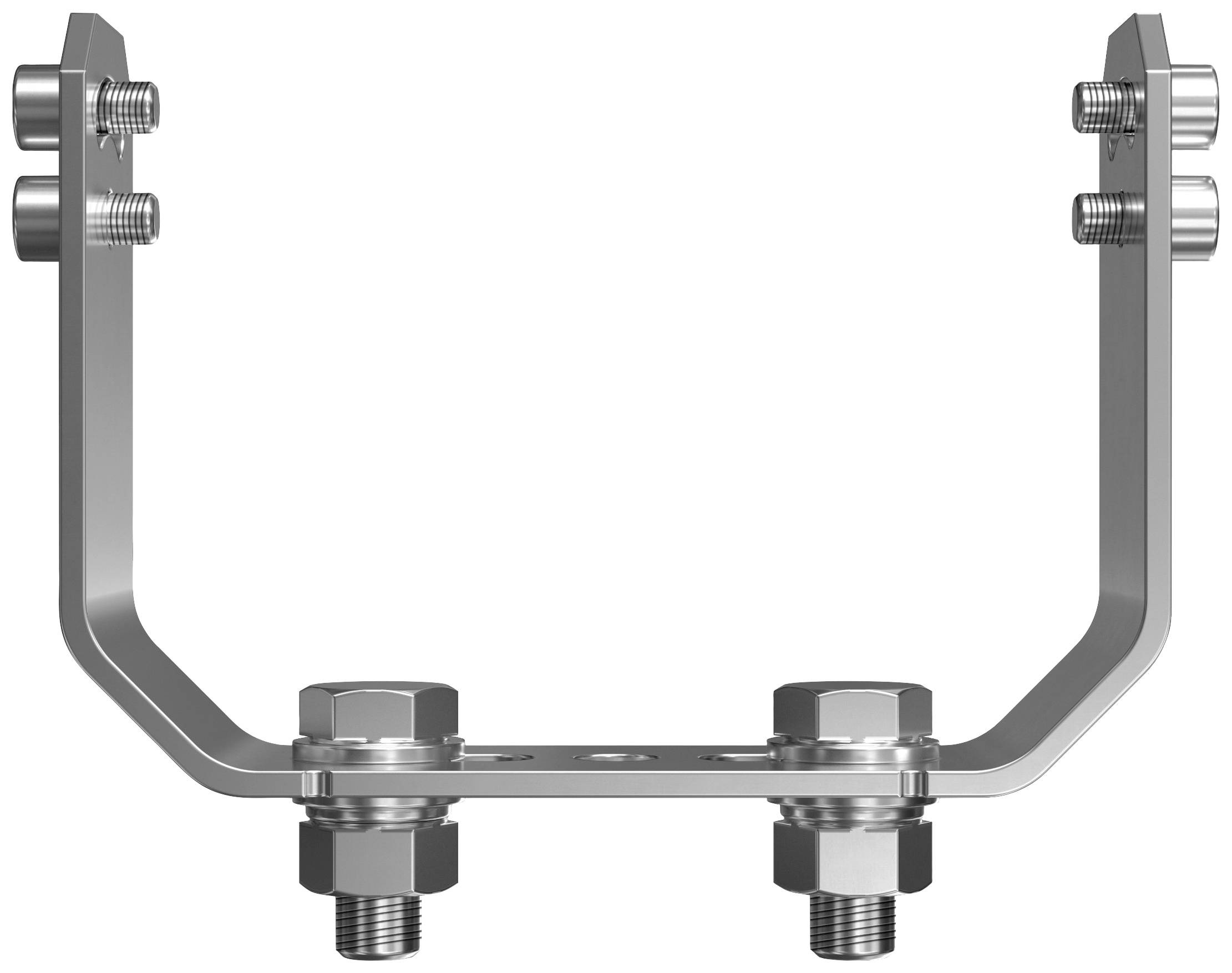 Metallhalterung in U-Form mit Schrauben und Muttern an den Enden, geeignet für Montagezwecke.
