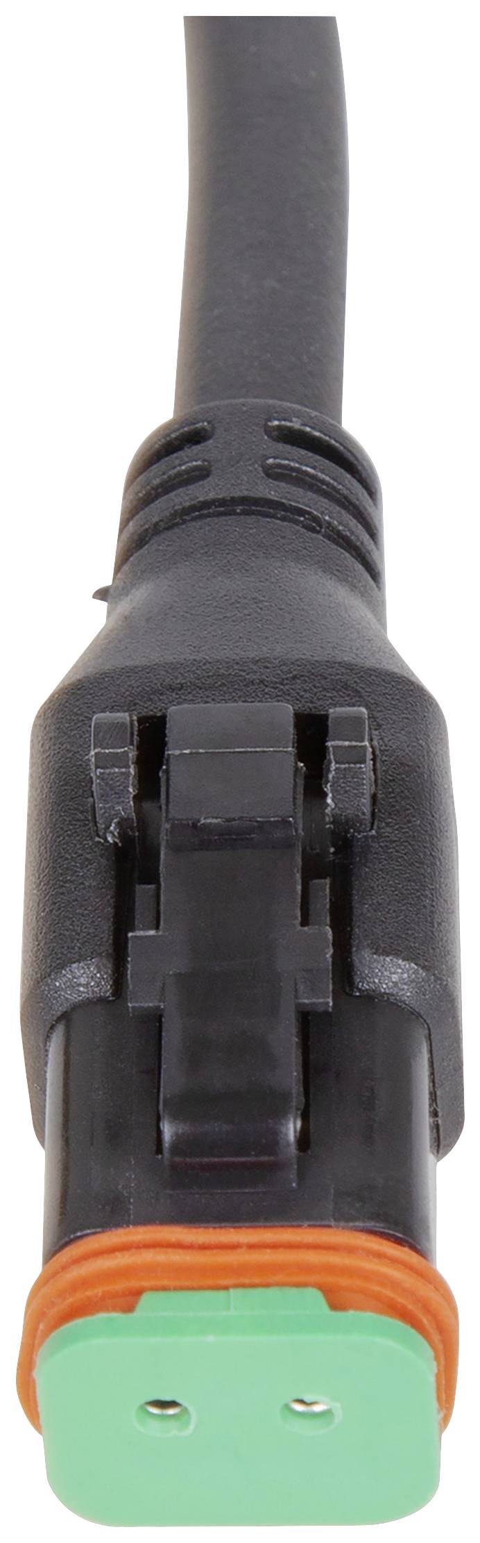 Schwarzer elektrischer Stecker mit orange-grünem Anschluss. Anschlüsse für Kabelverbindungen. Standard-Kunststoffhülle.