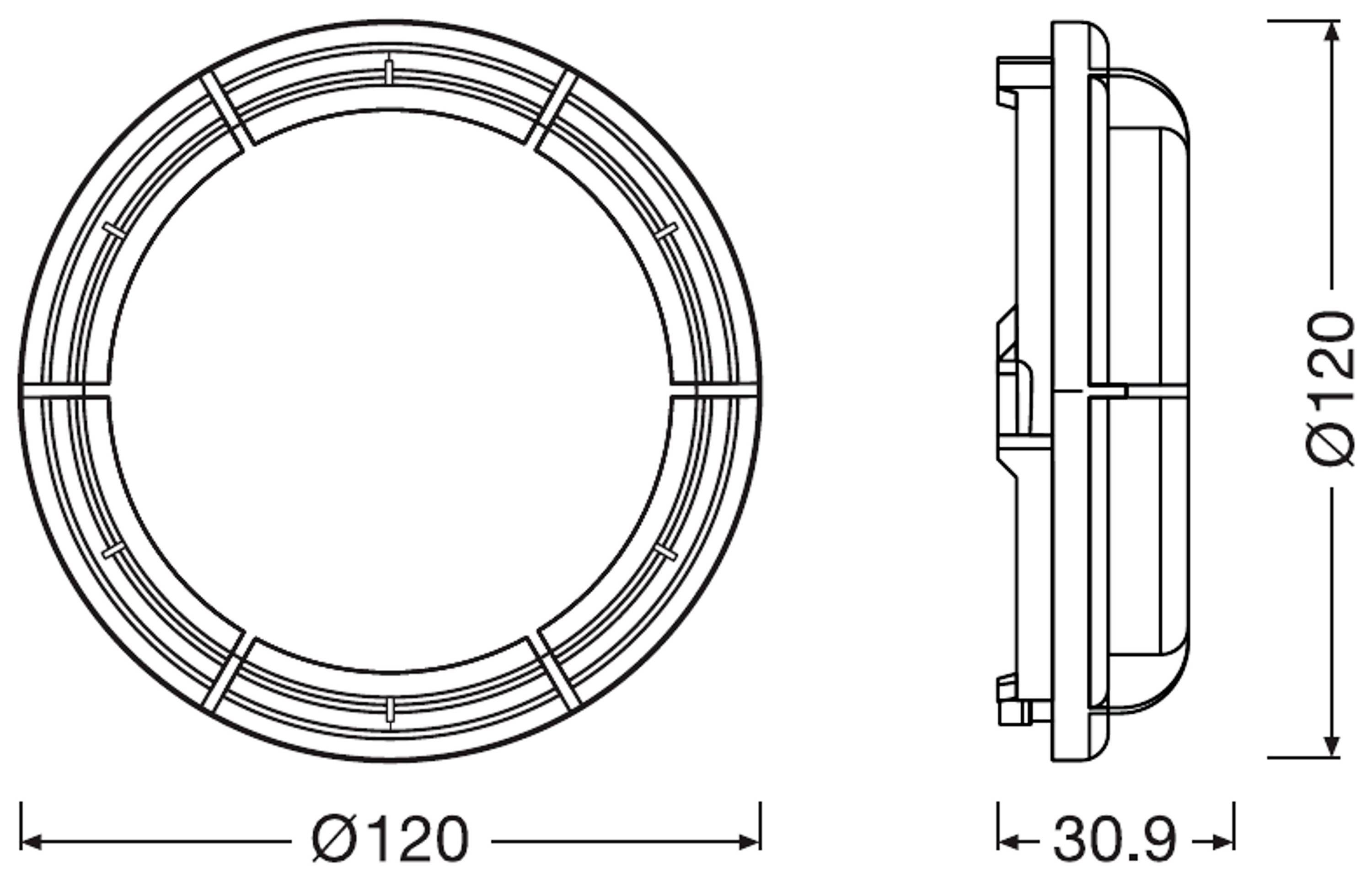 Technische Zeichnung eines runden Objekts mit einem Durchmesser von 120 mm und einer Tiefe von 30,9 mm, Seiten- und Vorderansicht.