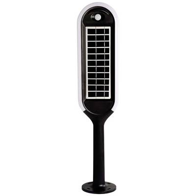 Schwarze Solarlampe mit rechteckigem Solarpanel auf Stange; für Außenbeleuchtung konzipiert.