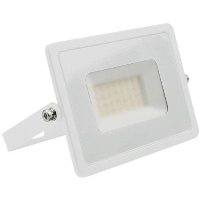 Weißer LED-Strahler mit rechteckigem Gehäuse und Metallbügel zur Wandmontage. Strahler enthält mehrere kleine, gelbe LEDs.