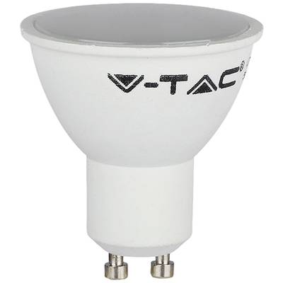 LED-Lampe mit GU10-Sockel, weißes Gehäuse, Markenname 'V-TAC' aufgedruckt, geeignet für Haushalts- und gewerbliche Beleuchtung.