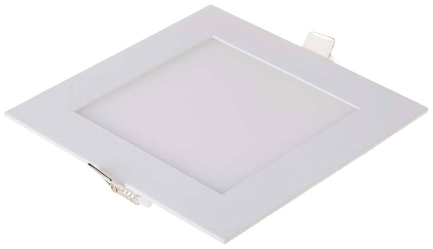 Ein quadratisches, flaches LED-Panel in einem weißen Rahmen, geeignet für die Deckenmontage. Energiesparend und modern im Design.