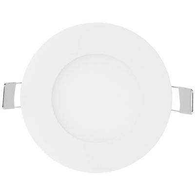 Runde, weiße LED-Deckenleuchte mit silbernen Befestigungselementen an den Seiten.