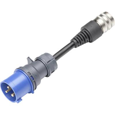 Blauer dreipoliger CEE-Stecker mit schwarzem Kabel und einem silbernen Anschluss auf weißem Hintergrund.